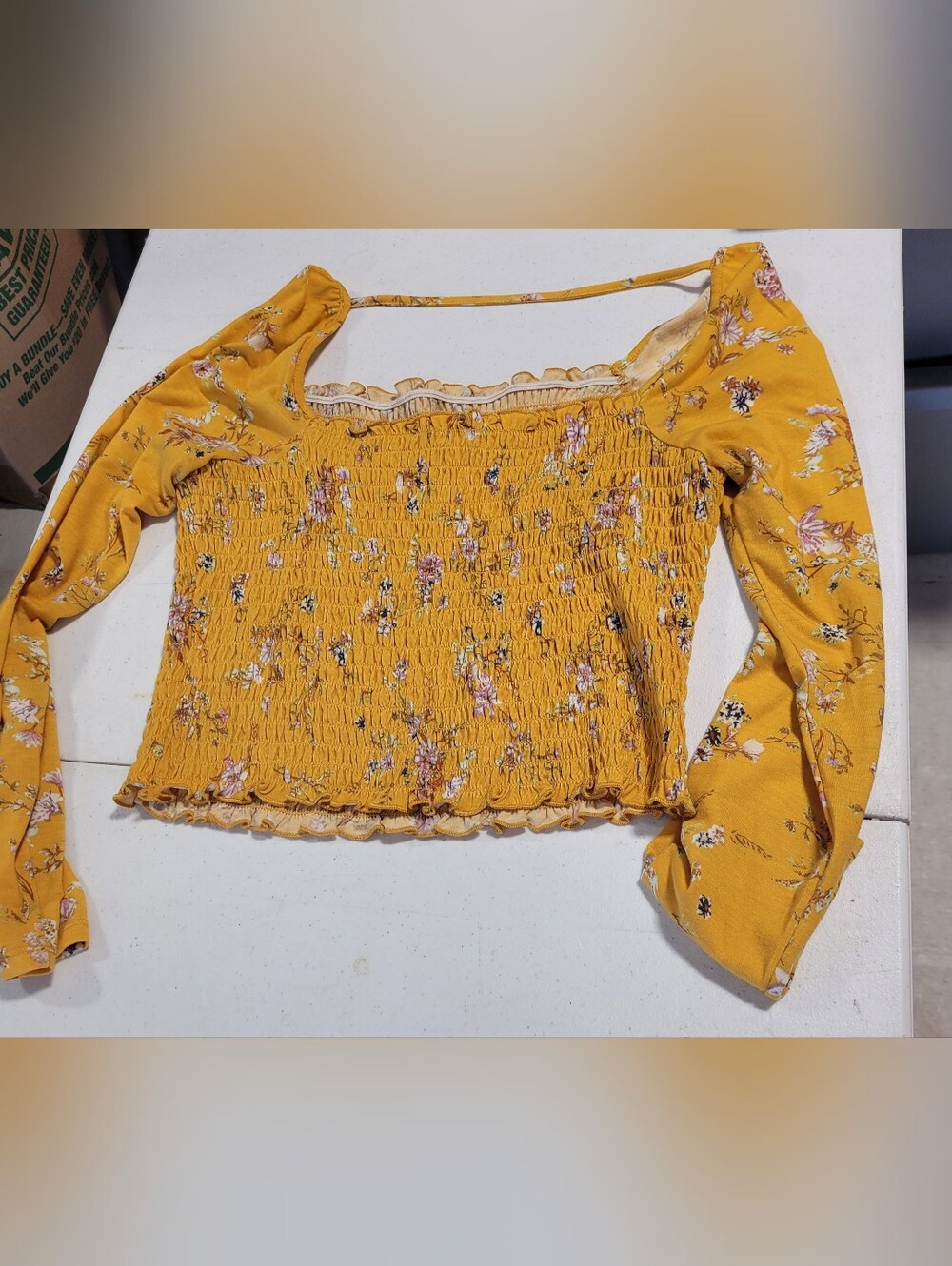 love, Fire Yellow Floral Smocked Crop Top - Picture 3 of 4
